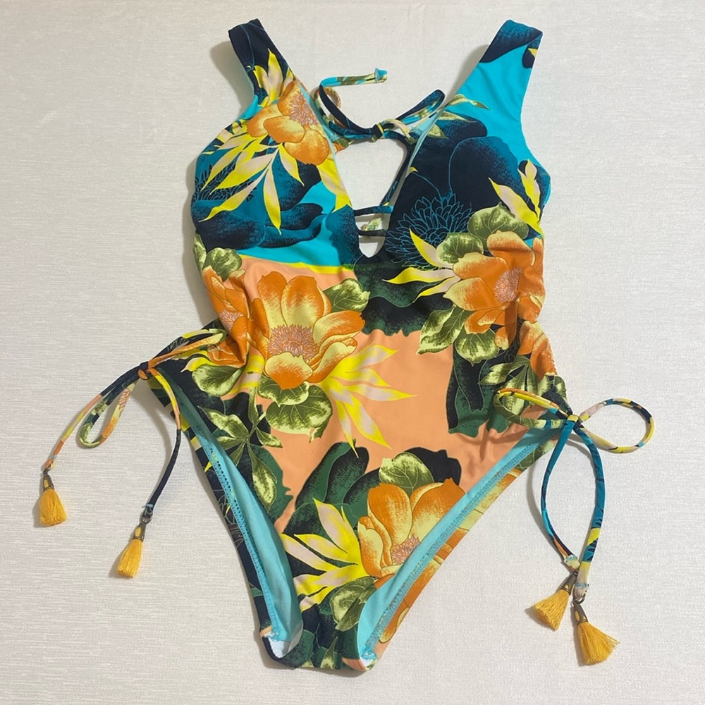 LUCKY BRAND Slimming-Fit Tropical Sunrise Plunge One-Piece Swimsuit Size XS